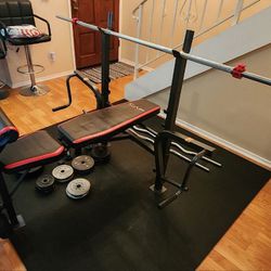 Complete Bench With Weights, Curl Bar And Dumbells