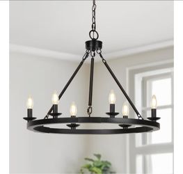 Black Farmhouse Chandelier, 6-Light Wagon Wheel Pendant Light
Dining Room Light Fixture with Adjustable Height, Hanging Lights for Kitchen Island Livi