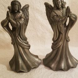 2 Heavy Pewter Angel Candle Holders