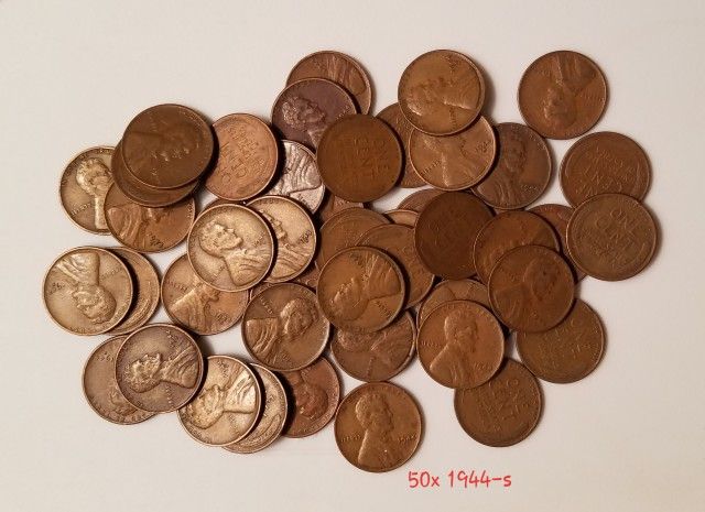 One Roll of Fifty 1944-S Lincoln Wheat Pennies Circulated