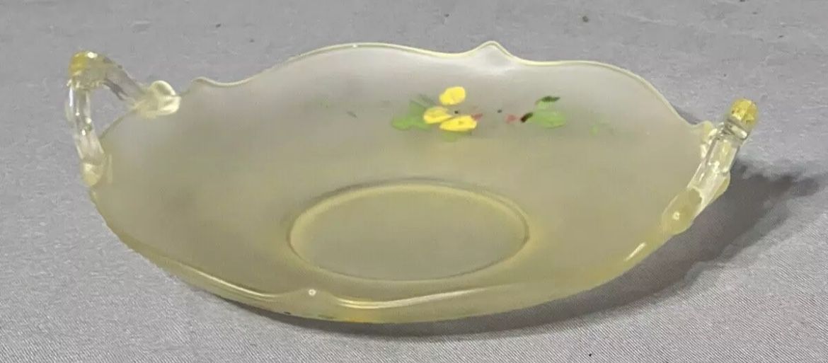 Vintage Lancaster Topaz Yellow Frosted Satin 2-Handle Serve Tray/Bowl Depression