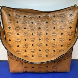 Auth. MCM Klara Hobo Visetos Medium In Cognac