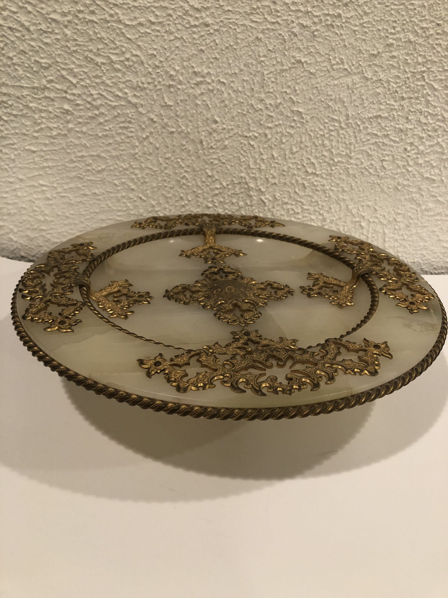 Antique Rare Footed Center Piece Made Of Marble And Bronze Center Piece 12” Wide And 3 “ Height 