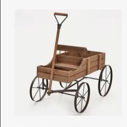 Wooden Wagon Planter, 24.5” x 13.5” x 24” Decorative Garden Planter w/ 2 Planting Sections, Wheels, Handle, Small Decorated Cart, Flower Planter Box f