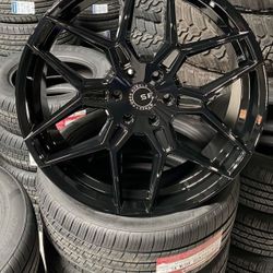 24” Street Force Wheels Rims Gloss Black 6x139.7 + Tires (4) New Silverado Sierra Tahoe-We Finance