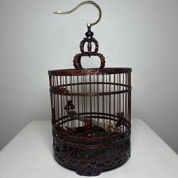 Vintage Pagoda Chinoiserie Dragon Carved Wood Brass Bird Cage 