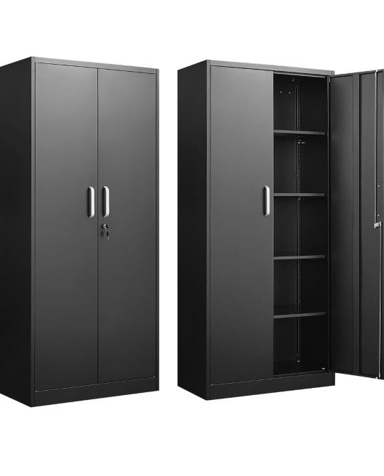 Metal Storage Cabinet with Adjustable Shelves, Garage Cabinet with 2 Lockable Doors, Garage Storage Cabinet, Kitchen Pantry Cabinet - 71'H, Black