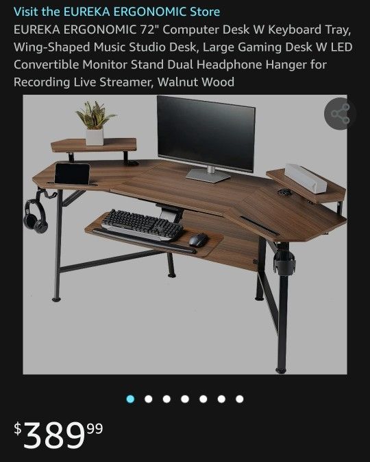 Brand New In A Box. EUREKA ERGONOMIC 72" Computer Desk W Keyboard Tray, Wing-Shaped Music Studio Desk, Large Gaming Desk W LED Convertible Monitor.