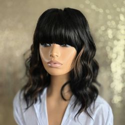 New  12" Black  Mixed Brown  Wavy Wig With Bangs Nre 