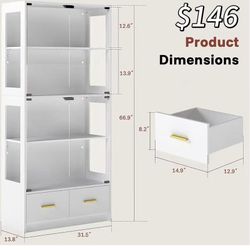 ✌️ Display Cabinet with Glass Doors - 67" Curio Cabinet for Collectibles with RGB LED Lights and 2 Drawers, 4 Tier Glass Display Case for Living Room