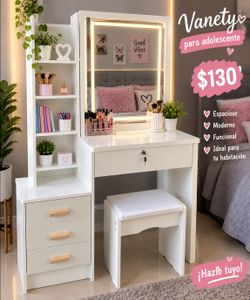 White Vanity Desk with LED Mirror and Stool