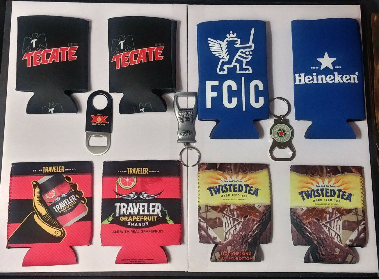 Beer Promo Collection Koozie & Bottle Opener / Keychain Lot Heineken Sam Adams Cervaze Tecate & more