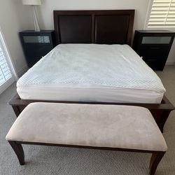 Dark Brown Wood King Bed Frame and Bench