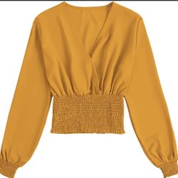 Express Women's V Neck Shirred Plain Long Sleeve Frill Crop Blouse size XL
