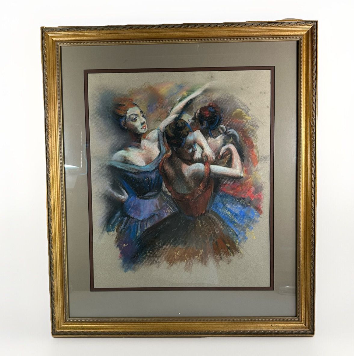 Attributed to Ron Grauer Framed Pastel Painting of 3 Ballerinas Unsigned