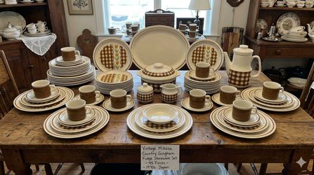Vintage 45-Piece Mikasa "Country Gingham" Fudge Stoneware Set - 1970s Japan