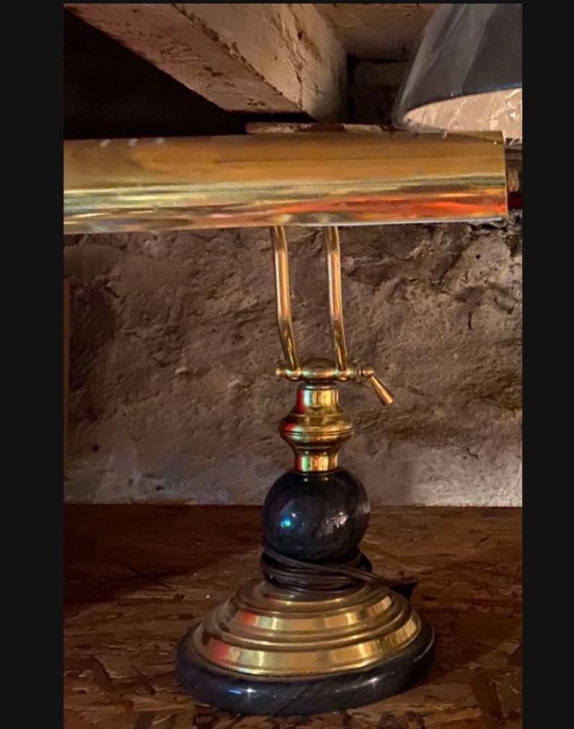 Vintage Gold Brass & Marble Library Desk Lamp
