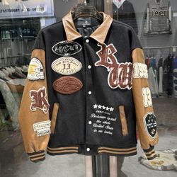 GORGLITTER Men's Letter Graphic Varsity Jacket Long Sleeve Striped Trim Button Bomber Jackets