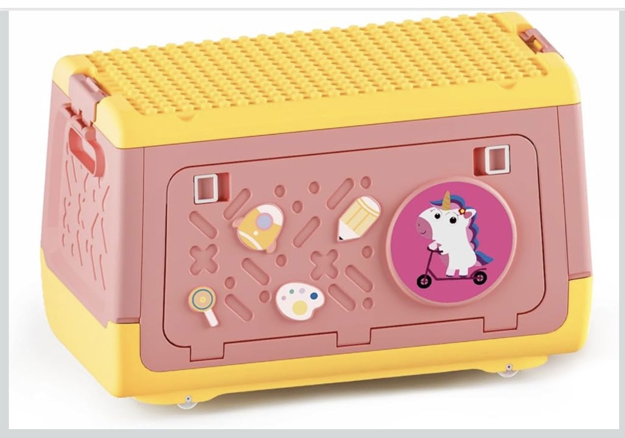 Toy Box Chest with Lid, Unicorn Collapsible Storage Organizer for Kids Boys Girls, Plastic Stackable Toddler Toy Bins with Building Block Lid (Pink)