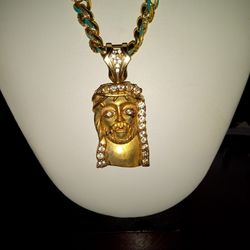 Brass Chain With Qz Diamonds With Jesus Piece Charm With Qz Diamonds