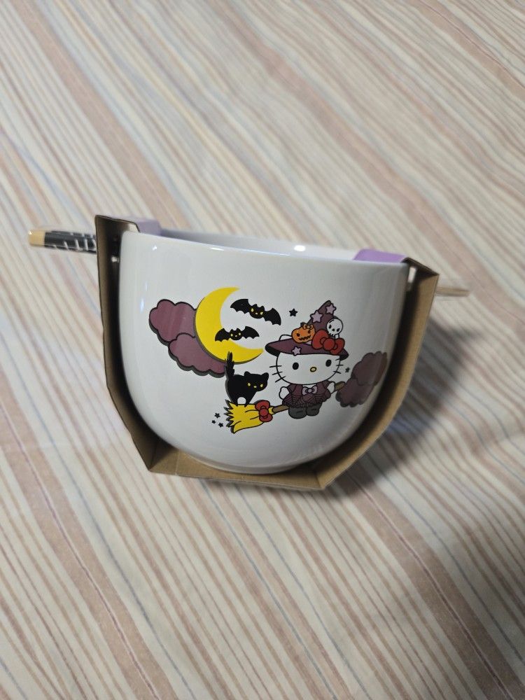 Hello Kitty Ceramic Bowl With Chopsticks Halloween