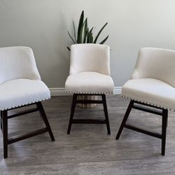 26 Inch Bar Stools Set of 3, Linen Color Swivel Counter Stools with Back, Linen Fabric Upholstered Barstools, Solid Wood Legs with Footrest, Modern Ba