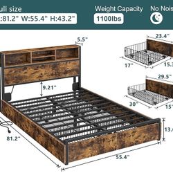 Full Size Bed Frame with 6 Storage Drawers Full Bed Frame with Headboard, with Charging Station, No Noise, No Box Springs Needed, Vintage B