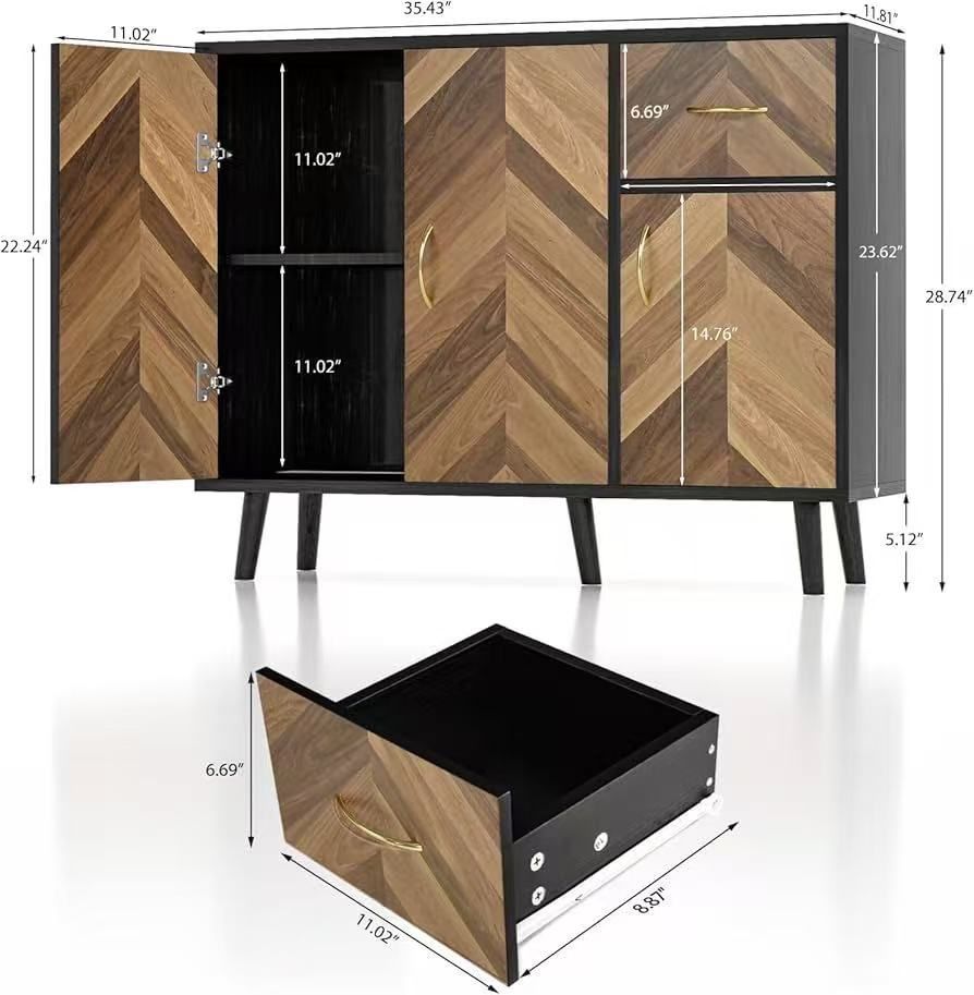 🥨Sideboard Buffet Cabinet with Storage & 3 Doors, 35" Long Mid-Century Modern Sideboard with Drawer, Hallway Credenza Storage Cabinets