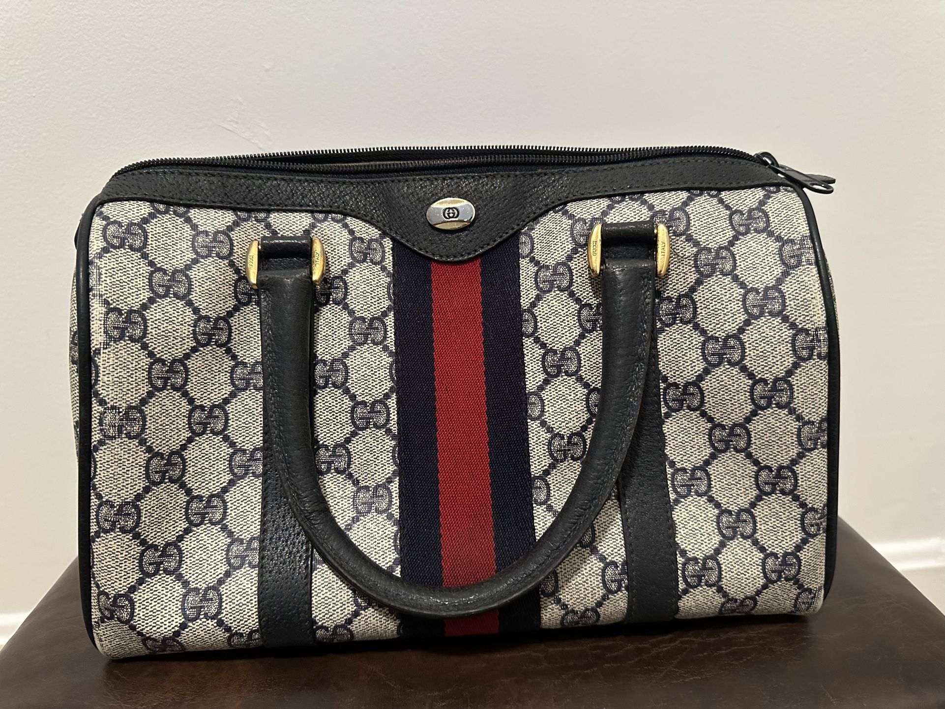Gucci Ophidia Mini Boston Canvas Monogram Blue And Beige Bag With COA 