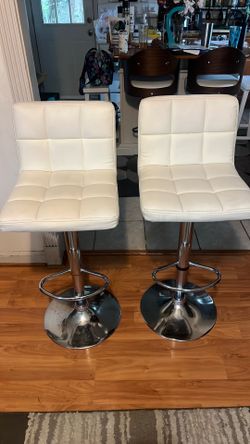 Set of 2 White Adjustable Swivel Bar Stools / Counter Chairs