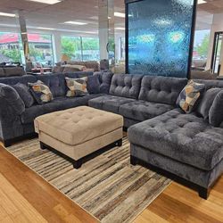 LH 👉$39 Down Payment  For Financing 👉Maxon Place Blue Large Tufted Sectional Couch With Chaise 