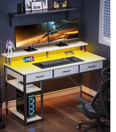 Computer Desk with Power Outlets & LED Light, 39 inch Home Office Desk with 3 Drawers and Storage Shelves, Writing Desk with Monitor Stand, Work Desk 