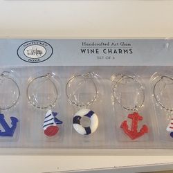 Nantucket Home Wine Bottle Glass Charms Nautical Ocean Theme Set Of 6