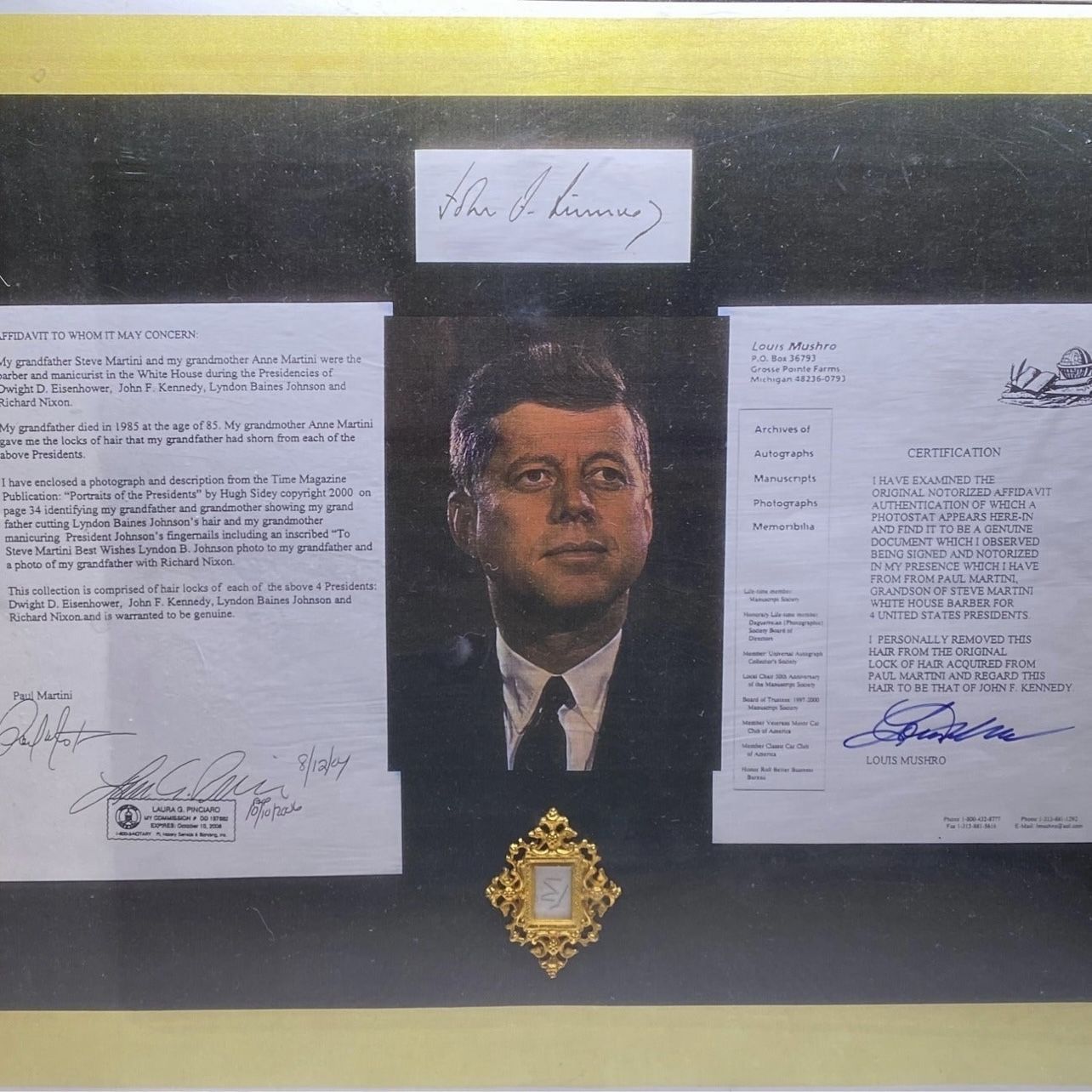 John F Kennedy Hair Certified Louis Mushro Manuscript Society Lock of JFK’s Hair