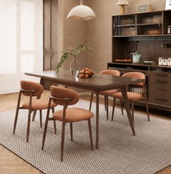 Upholstered Dining Chairs Set of 4 Mid-Century Modern Kitchen & Dining Room Chairs with Linen Seat and Backrest Ergonomic (Walnut/Orange)
