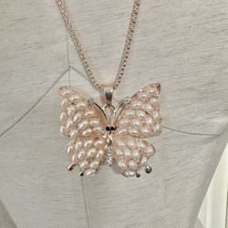 Betsey Johnson Faux Pearl Butterfly Pendant Necklace 