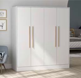 White 4-Door Wardrobe Armoires with Hanging Rod