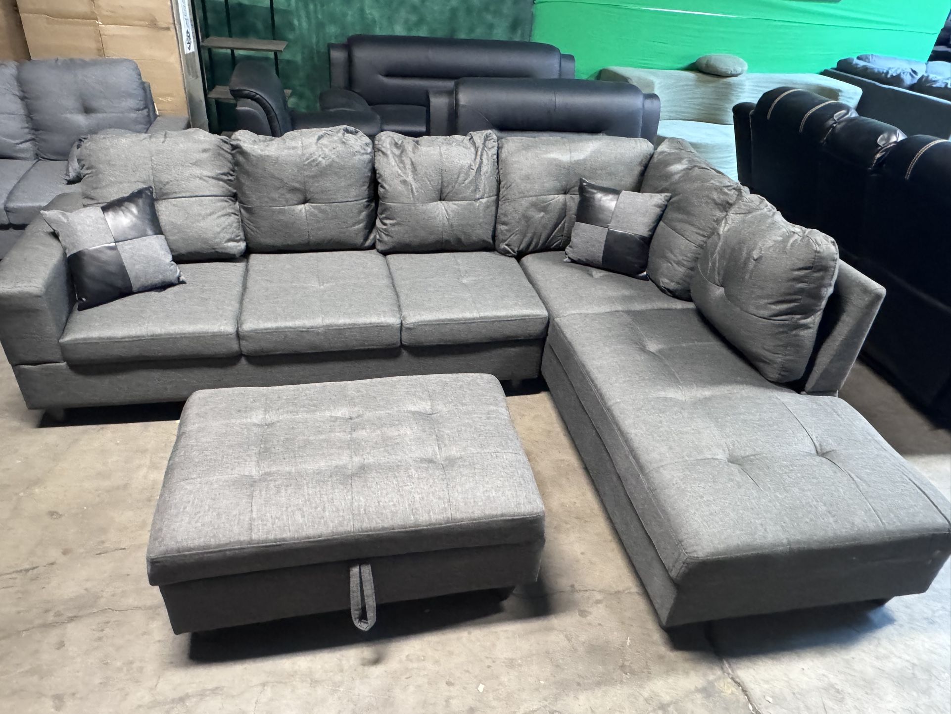 3 PCS Sectional Sofa Set, " W L-Shaped Sectional Couch with Storage Ottoman and Matching Pillows for Living Room Compact Space Furniture (Grey Line