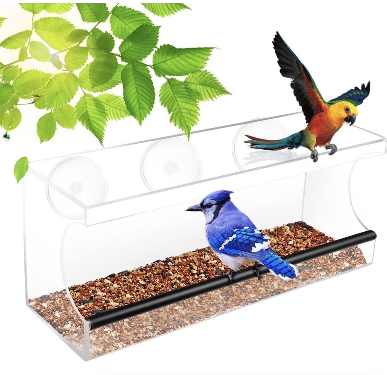 Window Bird Feeders, Acrylic Bird Feeders for Outside with Strong Suction Cups, Drain Holes and Removable Tray