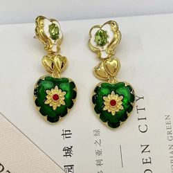 Gold green heart drop dangle womens earrings gift
