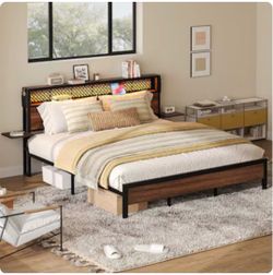 77.8-in W Full Size Brown Bed Frame with Wood Foldable Bedside Shelves and LED Storage Headboard and Charge Station