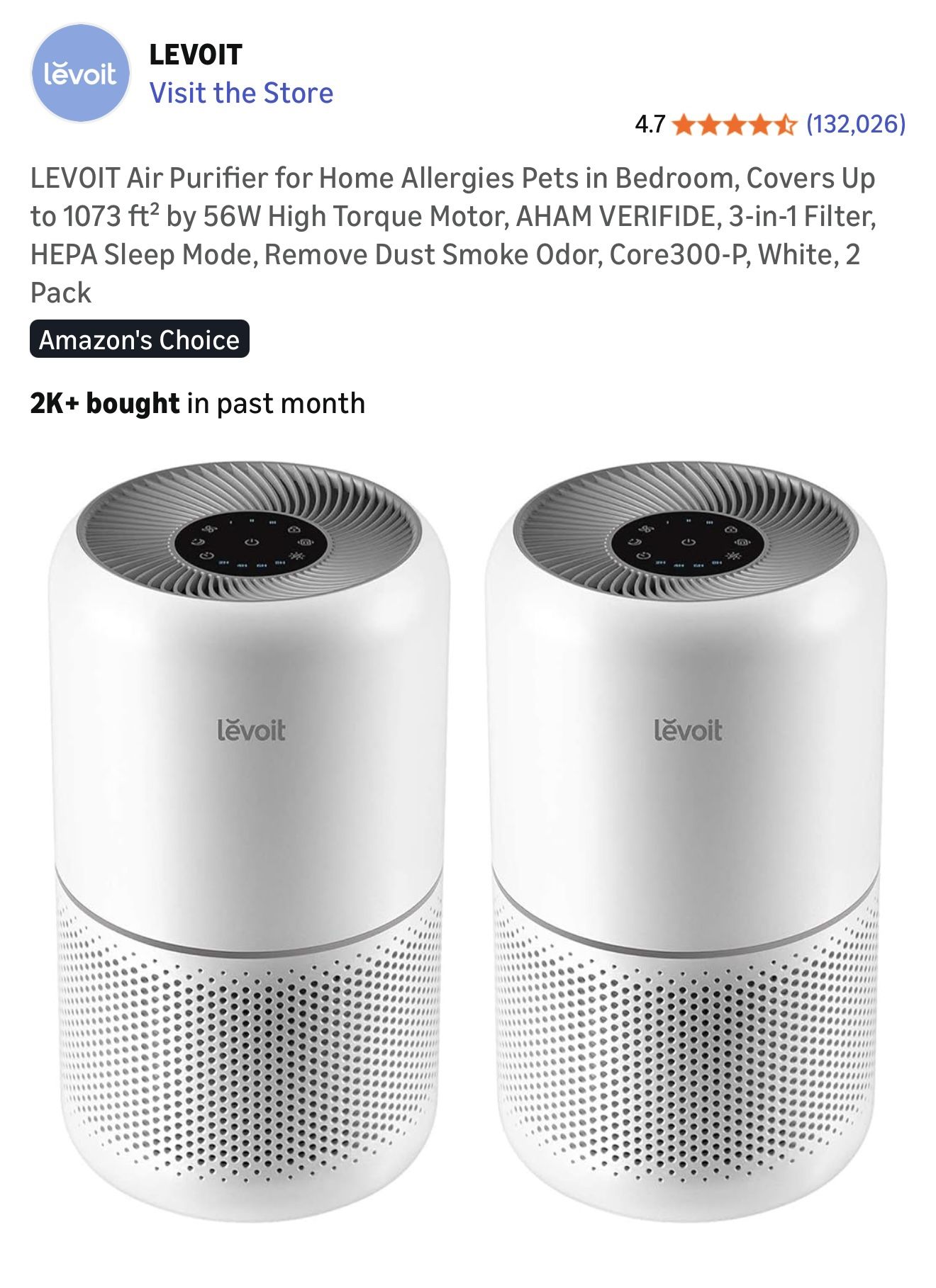 Levoit Air Purifier 2-pack White