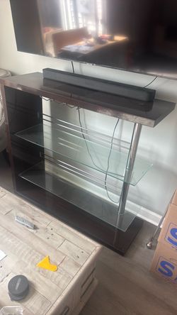 Espresso Bar Console Table with Hanging Glass Rack & Tempered Glass Shelves