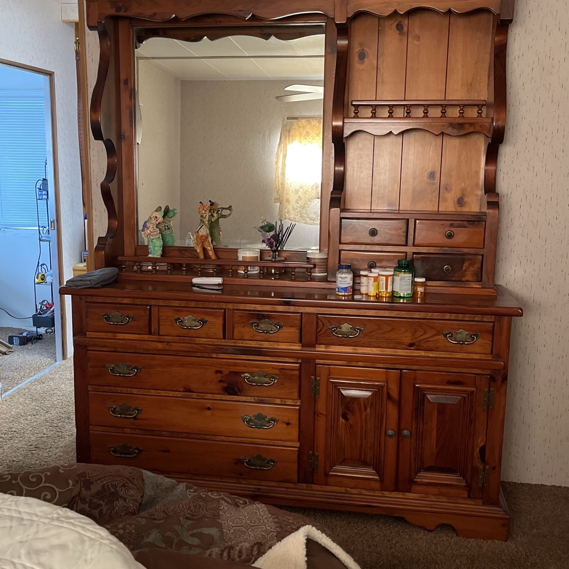 Queen size Bed Headboard, Frame, Dresser, 2 Night Stands And Armoire. All Solid Oak