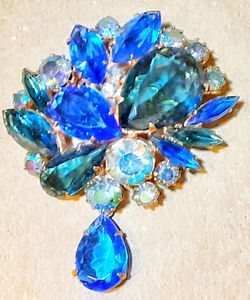 Art deco blue rhinestone brooch or pink w clear glass faceted stones and teardrop dangler!