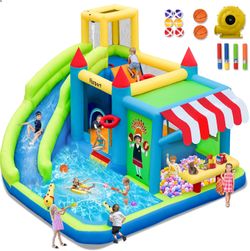 FBSPORT Inflatable Bounce House Water Slide, Bounce House for Kids with Toy Market Stand Splash Pool Bouncer Climbing Wall Water Gun Ball Dart, Bouncy