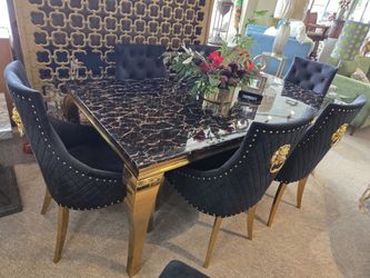 Marble Table + 6 Black Chairs New