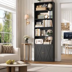 82" Tall Bookcase, Farmhouse Bookshelf with Doors, Black 7 Tier Bookcase with Storage and Adjustable Shelf, Open and Display Wide Bookshelf for Living