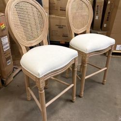 Nrizc Farmhouse Bar Stools Set of 4, French Country BarStools with Solid Wood Frame and Upholstered, Rattan Back Kitchen Bar Stool for Dining Room, Ki