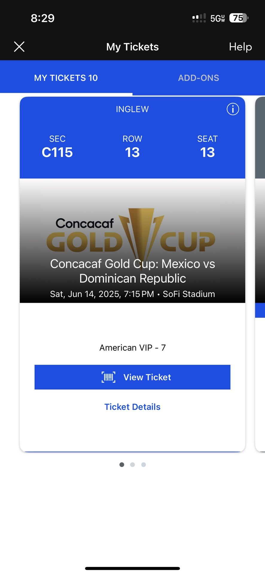 $20- $40 Ticket On C115 Row 13, Seat 13